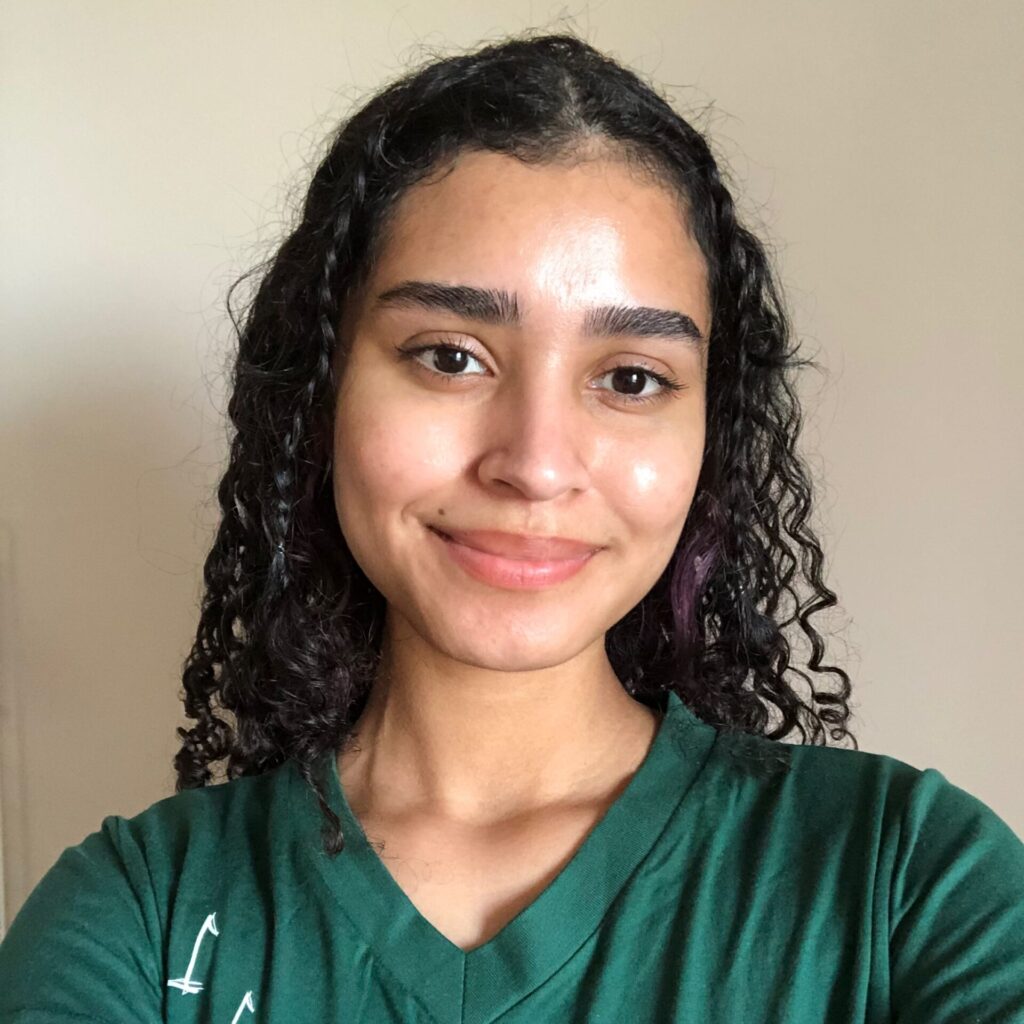 Fotografia de Lara. Ela é vista de frente, do peito para cima. É jovem, tem pele morena, cabelos pretos, longos e cacheados. Está sorrindo e usa camisa do projeto T I Chers, em cor verde com desenhos brancos.